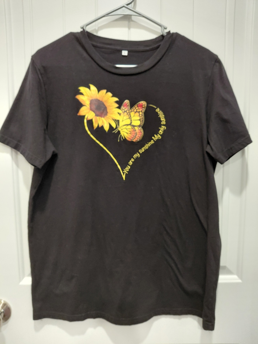 Women's Black Short-Sleeve Tee with Yellow Sunflower & Butterfly Motif #0908